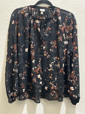 a new day Black Floral Long-Sleeve Tie-Neck Blouse